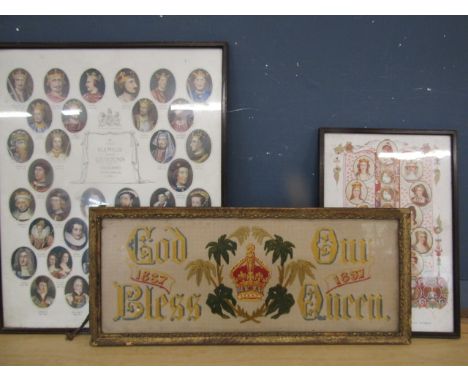 Queen Victoria 50yrs commemorative tapestry along with 2 prints of the Kings and Queens of England