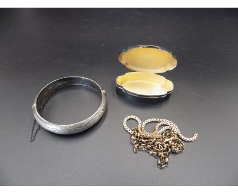 Two broken hallmarked 9ct gold chains - 7.48g total weight, and a silver bangle hallmarked Birmingham 1960 CPS Jewellery Co L