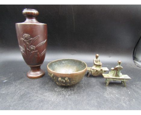 A bronze urn 19cmH2 small seated figures and a brass dish depicting chariots&nbsp;
