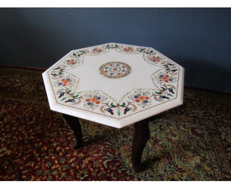 Indian marble octagonal table with inlaid semi precious stones depicting birds  H48cm TOP 59cm approx  no chips or damage, fe