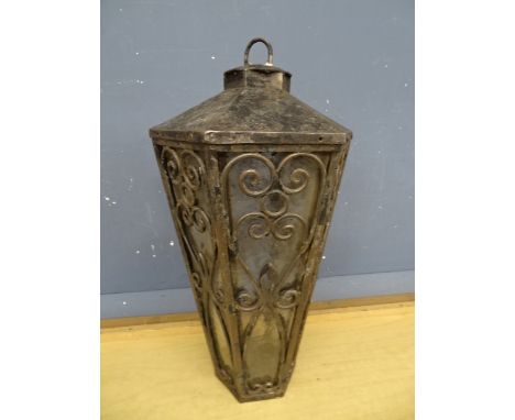 Heavy ornate wrought iron hanging lantern H60cm approx (missing one piece of glass)&nbsp;