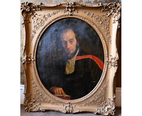 oil on canvas, Portrait of an academic at a desk, unsigned, 85x 98cm, ornate gilt framed.