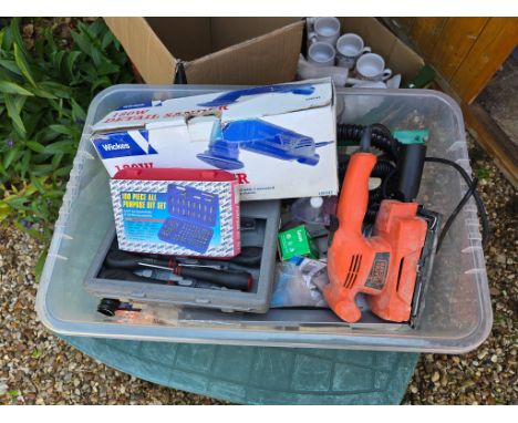 Box of Tools including Bit Set, Screwdrivers, Sander and profile sanders both working