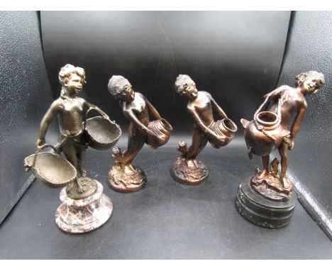 4 bronze water carrier sculptures , 2 on marble bases. 25-30cmH