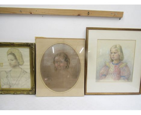 1863 pastel portrait of baby, signed C. L Beighton, 1973 signed pastel and one other  