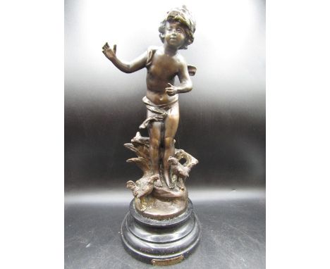 A bronze cherub 'Combats de Coqs'&nbsp; signed&nbsp; on base 42cmH