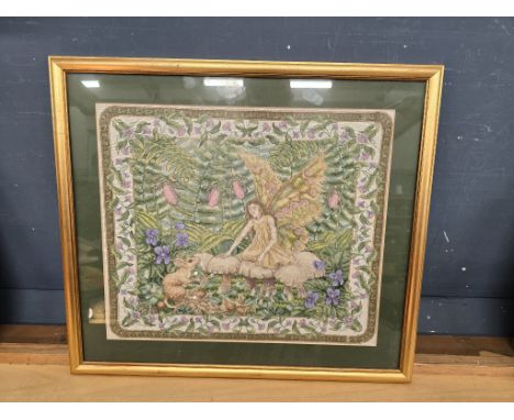 Whimsical fairy tapestry, framed and glazed 46cm x 52cm approx    