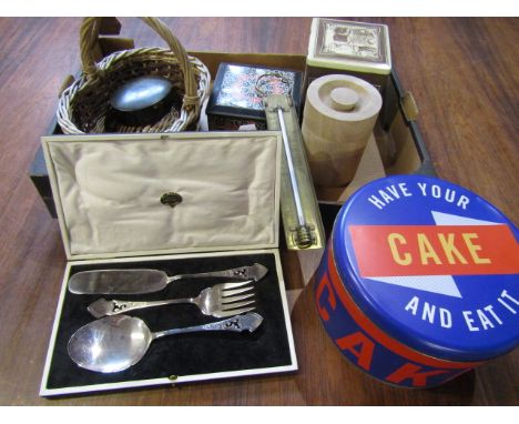 Vintage tins, Bake off Jamie Oliver (3) tins, 2 x thermometers, basket and EPNS fish/cake servers