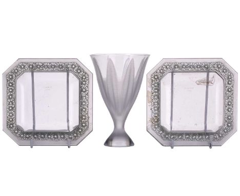 A pair of Rene Lalique 'Paquerettes' square canted glass dishes, moulded with flowers highlighted in green, 'R Lalique, Franc