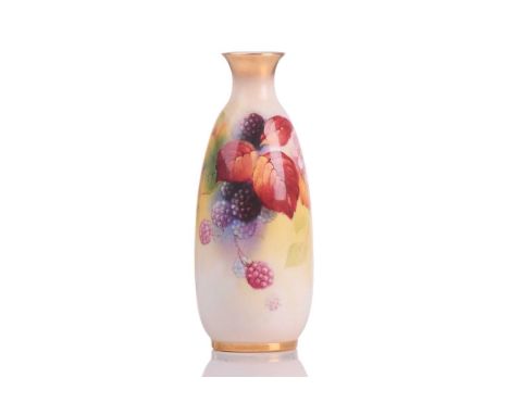 Kitty Blake for Royal Worcester Porcelain; a slender baluster vase painted with autumnal leaves and blackberries, signed K. B