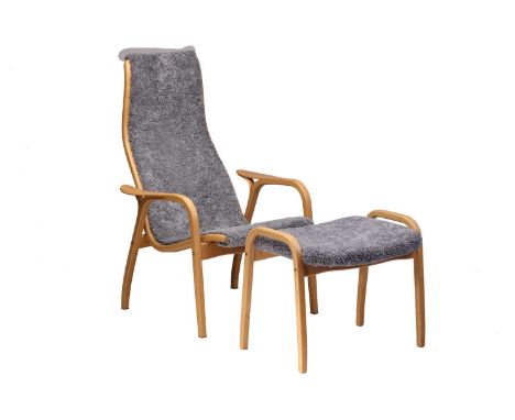 Yngve Ekstrom for Swedese, Sweden, a 'Lamino' laminated frame chair and conforming ottoman, with natural lambswool upholstery