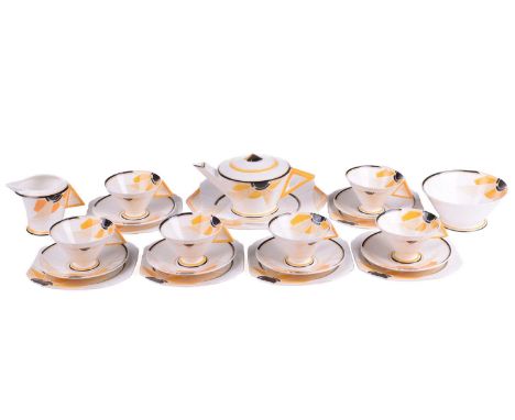 A 1930s Shelley 'Vogue Sunray' tea set, designed by Eric Slater, comprising: six teacups, six saucers, six side plates, a tea