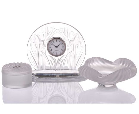 A contemporary Lalique 'Iris' pattern glass mantel clock, 17 cm high x 19.5 cm wide, together with a Lalique 'Dahlia' powder 