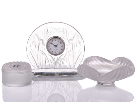 A contemporary Lalique 'Iris' pattern glass mantel clock, 17 cm high x 19.5 cm wide, together with a Lalique 'Dahlia' powder 