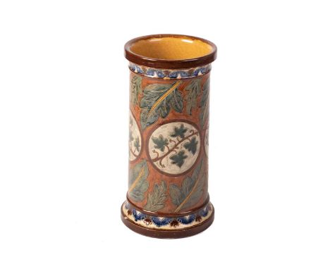 A large Fulham Pottery cylindrical stoneware stick stand with applied and sgraffito decoration possibly to a design by John P