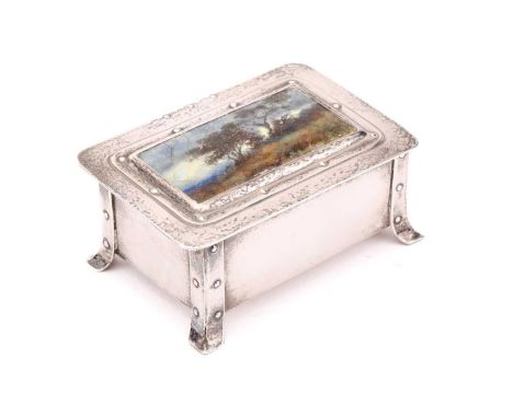 Guild of Handicraft Ltd: an Arts and Crafts style silver and enamelled trinket box, London 1906, the cover probably by Fleetw