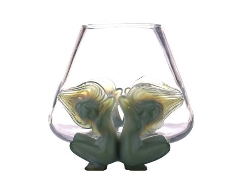 A post-war Lalique 'Antinea' heavy glass vase, the clear inverted tapering body with frosted green glass twin-opposing stylis