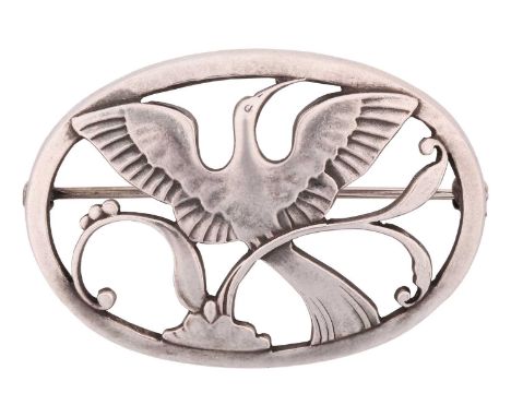 Georg Jensen; a 925 sterling silver 'Bird of Paradise' openwork brooch, depicting a bird spreading wings amongst foliage, in 