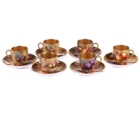 A set of six early 20th century Royal Worcester fruit-painted coffee cans and saucers, variously signed, by artists such as H