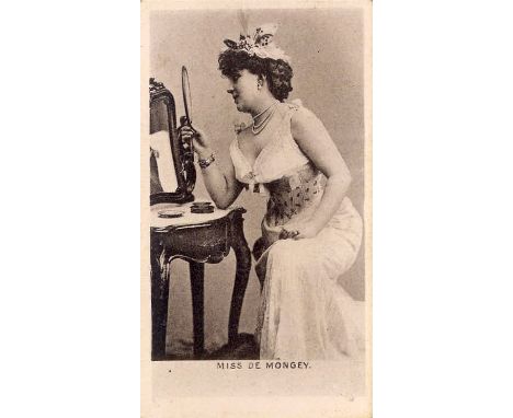 OGDENS, Actresses &amp; Beauties (collotype), Miss de Mongey (seated at dressing table), purple cachet stamp to back, VG