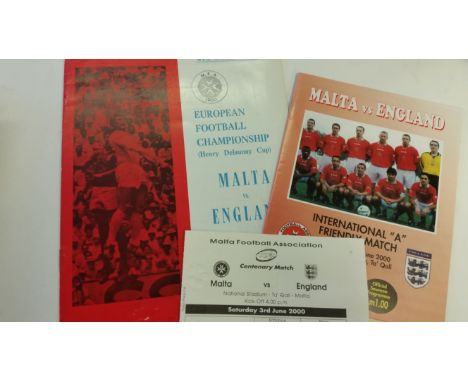 FOOTBALL, programmes, England v Malta, 3rd Feb 1971 &amp; 3rd June 2000 (with ticket); G to VG, 3