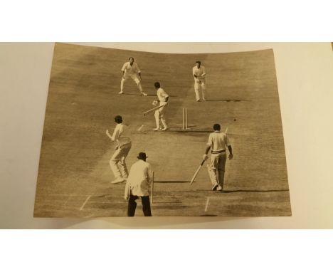 CRICKET, original press photo, 1967 England v India, showing Saxena bowled by Snow, Sport &amp; General agency stamp &amp; ty