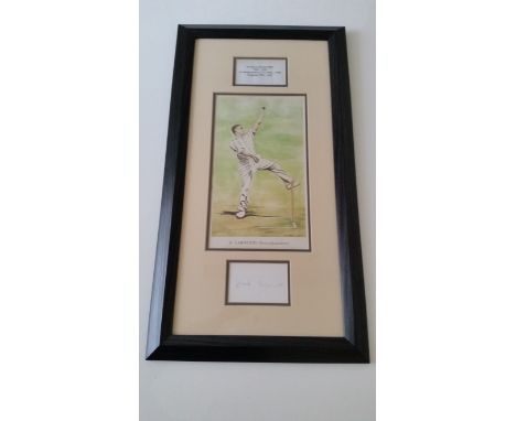 CRICKET, signed white card by Harold Larwood, overmounted beneath colour print, showing him full-length bowling, framed in pe