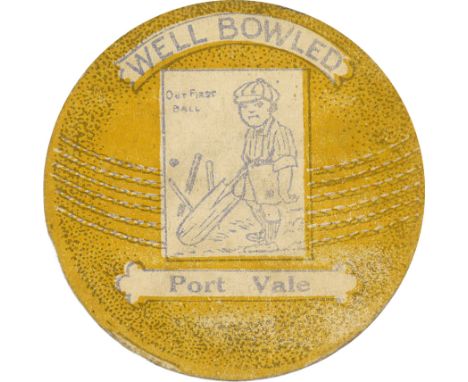 BAINES, ball-shaped cricket card, Well Bowled Port Vale, Out First Ball inset, yellow, G