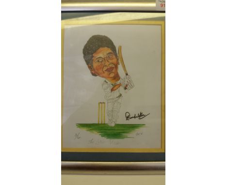 CRICKET, signed colour caricature print by Sachin Tendulkar, titled The Little Master, full-length batting, LE3/6, overmounte