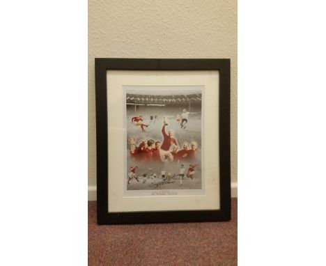 FOOTBALL, signed colour montage print by Geoff Hurst, showing his three goals in the 1966 World Cup Final, overmounted, frame