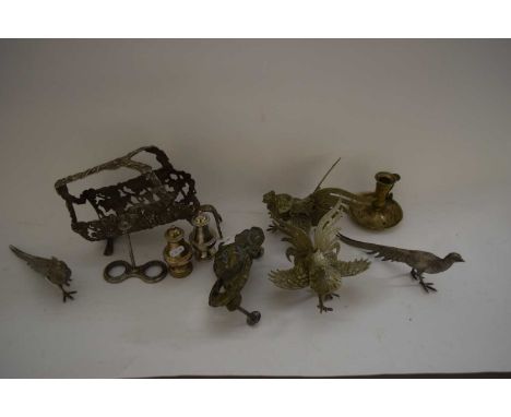 MIXED LOT SILVER PLATED PHEASANTS AND COCKERELS, BRASS DOOR KNOCKER, SILVER PLATED BOTTLE STAND ETC