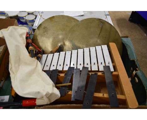 MIXED LOT COMPRISING NOVELTY BAGPIPES, XYLOPHONE, AND CYMBALS