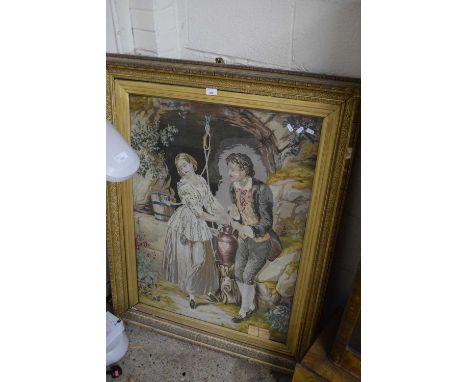 LARGE 19TH CENTURY TAPESTRY PICTURE OF LOVERS SET IN A HEAVY GILT FRAME