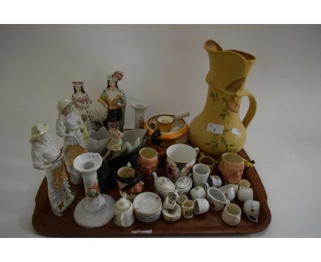 MIXED LOT VARIOUS MINIATURE TEA WARES, STAFFORDSHIRE CLOCK FIGURE GROUP, MINIATURE CHARACTER JUGS, CHAMBER STICKS ETC