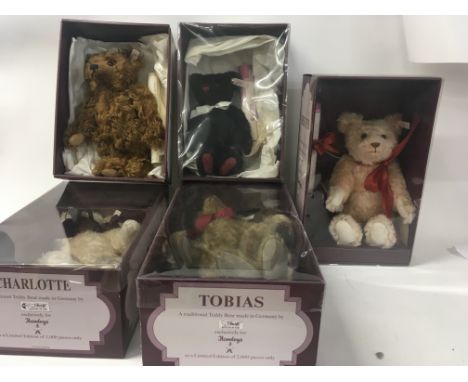 A collection of five boxed Steiff Bears includesâ€¦ Tobias..Charlotte..Chester..Jeremy and Dominic Each with certificate of a