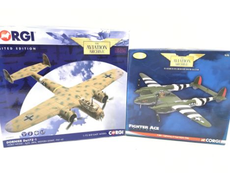 2 X Boxed Corgi Aviation Archive Diecast Models. A Dornier Do17Z-1 #AA38805 and a P-38J. #US36603 Both 1:72 Scale.(2).