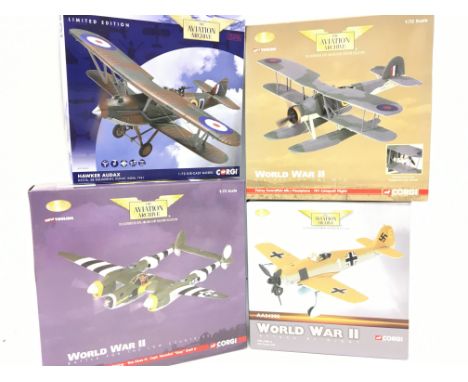 4 X Boxed Corgi Aviation Archive Diecast Models all 1:72 Scale. A Hawker Audax #AA39603. A Fairey Swordfish #AA36303. A P-38J