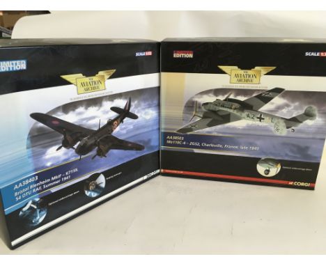 Two boxed Corgi models from the Aviation Archive.. AA38503 Me110C-4-ZG52. (0151 of 2000). (1 of 2) AA38403 Bristol Blenheim M