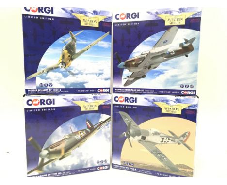 4 X Boxed Corgi Aviation Archive a Messerschmitt BF 109E-3 #AA28001. A Hawker Hurricane #AA39704. A Supermarine Spitfire #AA3