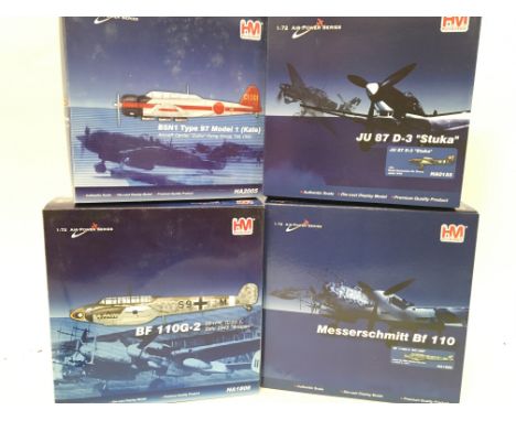 4 X Boxed Hobbymasters 1:72 Scale Aircraft. A B5N1 Type Model 1 #HA2005. A Ju 87 D-3 Stuka. #HA0155. A BF 110G and a Messersc