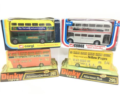 2 X Dinky Buses Including #292 and 295. A Corgi Routemaster #469 and a Silver Jubilee #471.