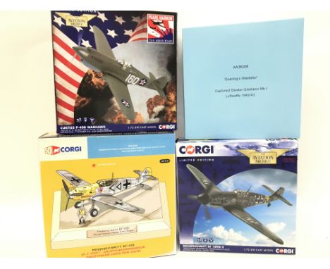 4 X Boxed Corgi Diecast Aircraft. 1:72 Scale. A Curtiss P-40B Warhawk.#AA28101. A Messerschmitt BF109 E # AN32107. Goerings G