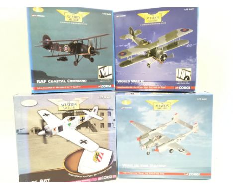 4 Boxed Corgi Aviation Archive Diecast Model Aircraft. A Fairey Swordfish III #AA36304. A Foke-Wolf #US34308. A P38J-15 #AA36