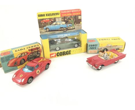 A Boxed Corgi Ferrari Belinetta 250 Le Mans #314. A Rover 2000 and a Ford Thunderbird-Open Sports #2155.