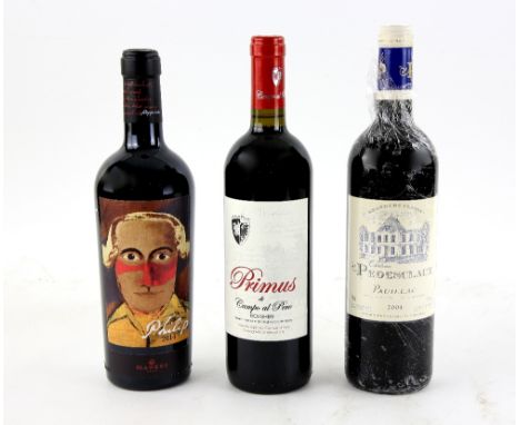 Three bottles of red wine to include 1 bottle of Primus Campo al Pero, 2007, 75cl. 1 bottle of Chateau Pedesclaux Pauillac 20