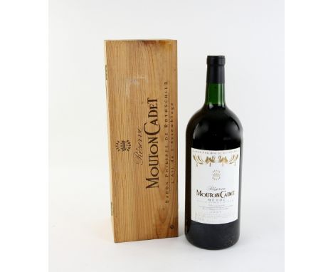 One Jeroboam of Baron Philippe De Rothschild Mouton Cadet medoc red wine, 1998 vintage, in presentation wooden box
