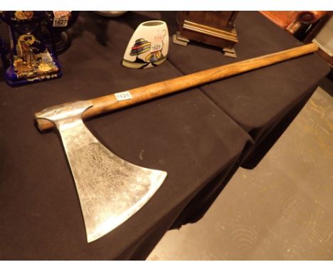 Good quality reproduction battle axe on a turned elm handle