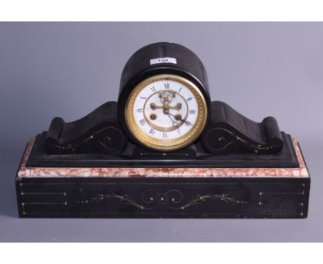 A late 19th century slate and marble drum cased mantel clock with white enamel dial and eight-day striking movement, 9 1/2" h