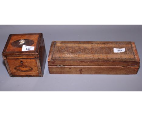 An early 19th century mahogany and ebony strung tea caddy with inlaid shell paterae and a cribbage board