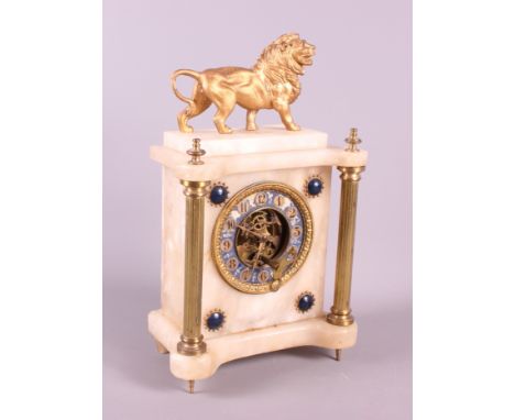 A late 19th century marble cased mantel clock with lion surmount, 13 1/2" high